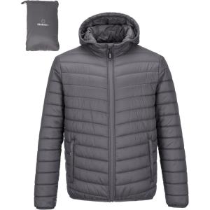 imageOutdoor Ventures Mens Lightweight Packable Hooded Puffer Jacket Insulated Winter Coat for Snow Ski TravelingGreyfold in Pocket