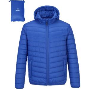 imageOutdoor Ventures Mens Lightweight Packable Hooded Puffer Jacket Insulated Winter Coat for Snow Ski TravelingLoyal Bluefold in Pocket Or Bag