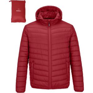 imageOutdoor Ventures Mens Lightweight Packable Hooded Puffer Jacket Insulated Winter Coat for Snow Ski TravelingMountain Redfold in Pocket