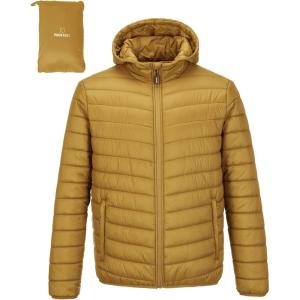 imageOutdoor Ventures Mens Lightweight Packable Hooded Puffer Jacket Insulated Winter Coat for Snow Ski TravelingPalm Yellowfold in Pocket