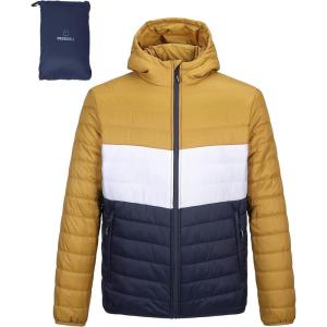 imageOutdoor Ventures Mens Lightweight Packable Hooded Puffer Jacket Insulated Winter Coat for Snow Ski TravelingYellowWhiteBluefold in Pocket