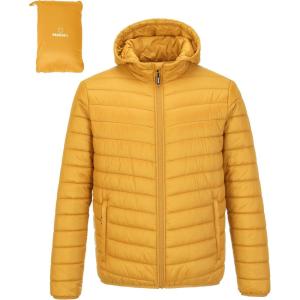 imageOutdoor Ventures Mens Lightweight Packable Hooded Puffer Jacket Insulated Winter Coat for Snow Ski TravelingYellowfold in Pocket