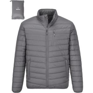 imageOutdoor Ventures Mens Lightweight Packable Puffer Winter Jacket Insulated Puffy Coat for Snow Ski Hiking TravelGreyfold in Pocket