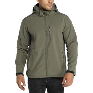 imageOutdoor Ventures Mens Lightweight Softshell Jacket Fleece Lined Hooded Water Resistant Winter Hiking Windbreaker JacketsOlive Green Removable Hood