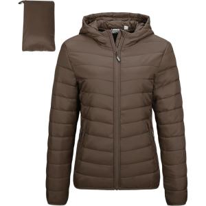 imageOutdoor Ventures Womens Packable Lightweight FullZip Puffer Jacket with Hood Quilted Winter CoatBrownfold in Pocket