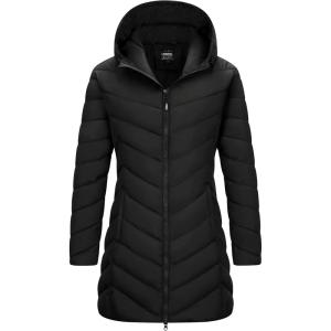 imageOutdoor Ventures Womens Long Hooded Lightweight Puffer Coat Quilted Insulated Winter JacketBlack