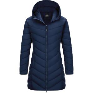 imageOutdoor Ventures Womens Long Hooded Lightweight Puffer Coat Quilted Insulated Winter JacketBlue