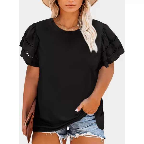 Eytino Womens Plus Size Hollow Out Ruffle Short Sleeve Crewneck Summer Casual Tee Shirts Blouse