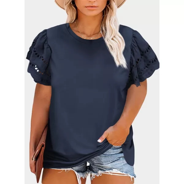 Eytino Womens Plus Size Hollow Out Ruffle Short Sleeve Crewneck Summer Casual Tee Shirts Blouse