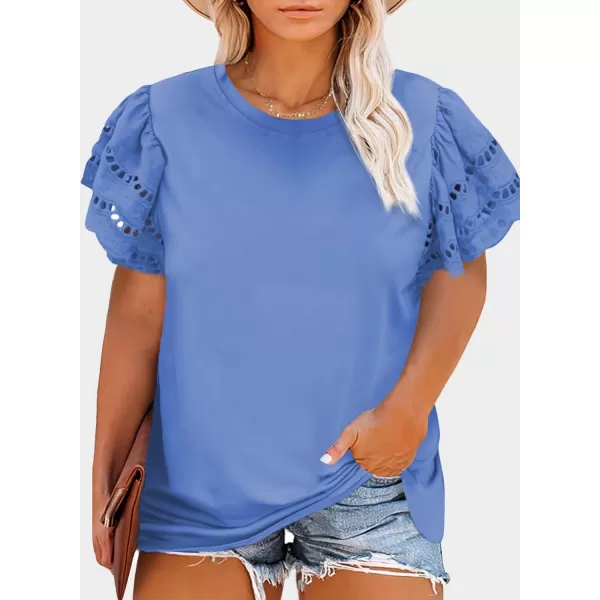 Eytino Womens Plus Size Hollow Out Ruffle Short Sleeve Crewneck Summer Casual Tee Shirts Blouse