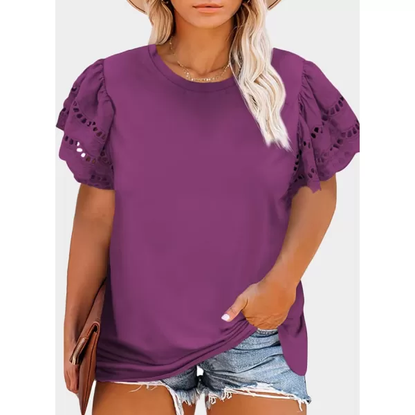 Eytino Womens Plus Size Hollow Out Ruffle Short Sleeve Crewneck Summer Casual Tee Shirts Blouse