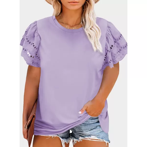 Eytino Womens Plus Size Hollow Out Ruffle Short Sleeve Crewneck Summer Casual Tee Shirts Blouse