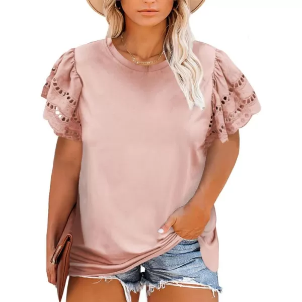 Eytino Womens Plus Size Hollow Out Ruffle Short Sleeve Crewneck Summer Casual Tee Shirts Blouse