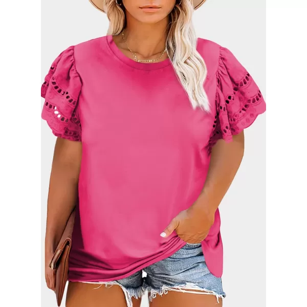 Eytino Womens Plus Size Hollow Out Ruffle Short Sleeve Crewneck Summer Casual Tee Shirts Blouse