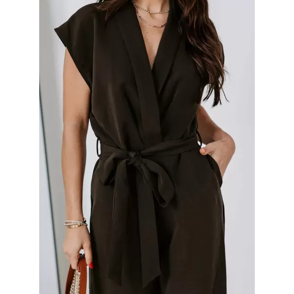 Happy Sailed Jumpsuits for Women Sexy Wrap V Neck Short Sleeve Belted Wide Leg One Piece Romper Long Pants Summer Outfits