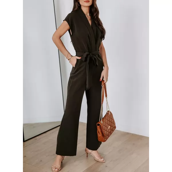 Happy Sailed Jumpsuits for Women Sexy Wrap V Neck Short Sleeve Belted Wide Leg One Piece Romper Long Pants Summer Outfits