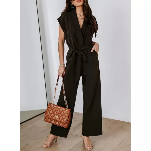 Happy Sailed Jumpsuits for Women Sexy Wrap V Neck Short Sleeve Belted Wide Leg One Piece Romper Long Pants Summer Outfits