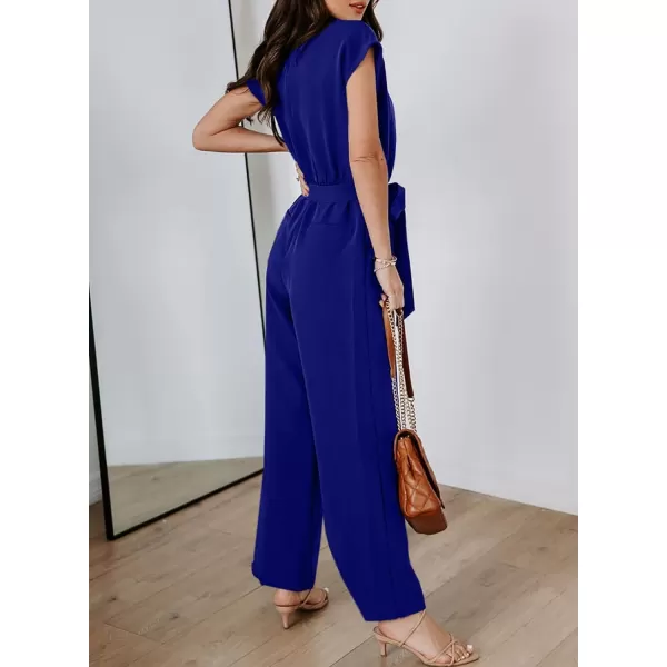 Happy Sailed Jumpsuits for Women Sexy Wrap V Neck Short Sleeve Belted Wide Leg One Piece Romper Long Pants Summer Outfits