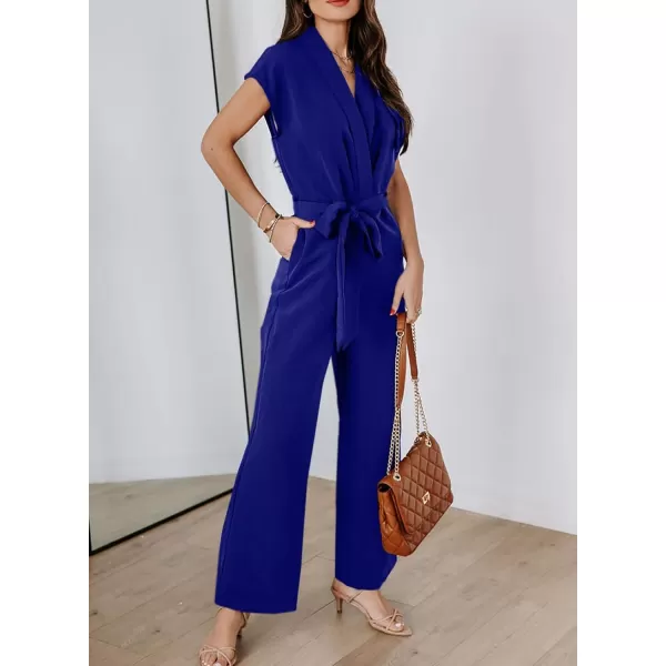 Happy Sailed Jumpsuits for Women Sexy Wrap V Neck Short Sleeve Belted Wide Leg One Piece Romper Long Pants Summer Outfits