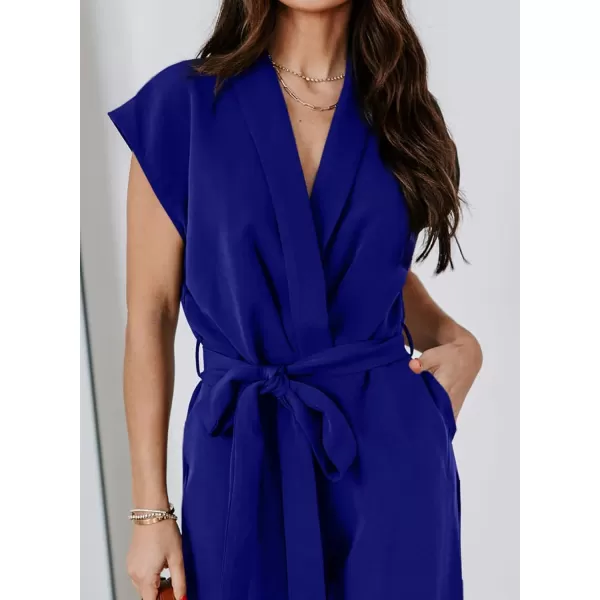 Happy Sailed Jumpsuits for Women Sexy Wrap V Neck Short Sleeve Belted Wide Leg One Piece Romper Long Pants Summer Outfits
