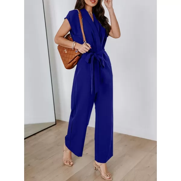 Happy Sailed Jumpsuits for Women Sexy Wrap V Neck Short Sleeve Belted Wide Leg One Piece Romper Long Pants Summer Outfits