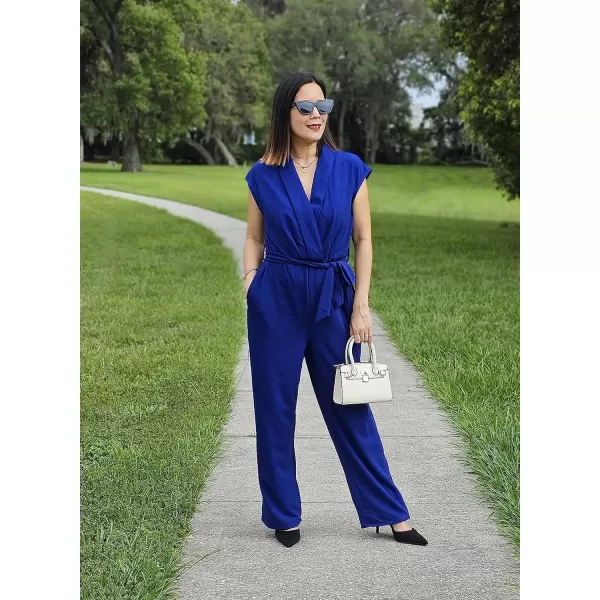 Happy Sailed Jumpsuits for Women Sexy Wrap V Neck Short Sleeve Belted Wide Leg One Piece Romper Long Pants Summer Outfits
