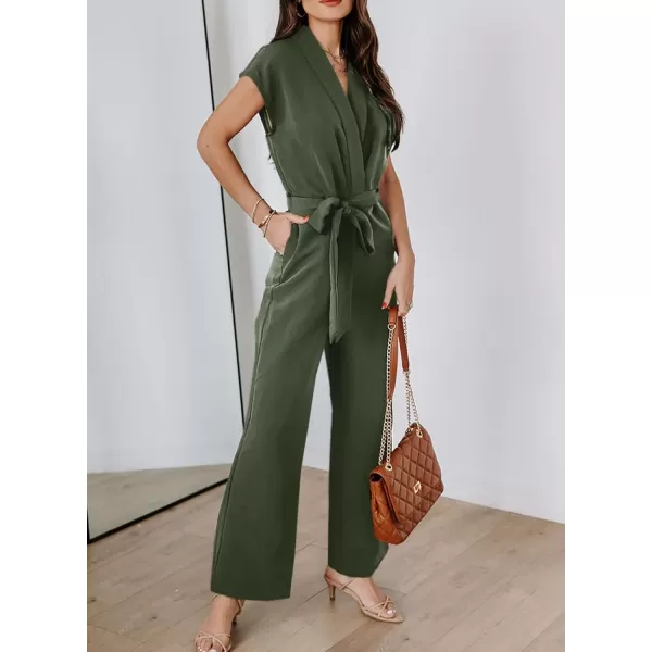 Happy Sailed Jumpsuits for Women Sexy Wrap V Neck Short Sleeve Belted Wide Leg One Piece Romper Long Pants Summer Outfits