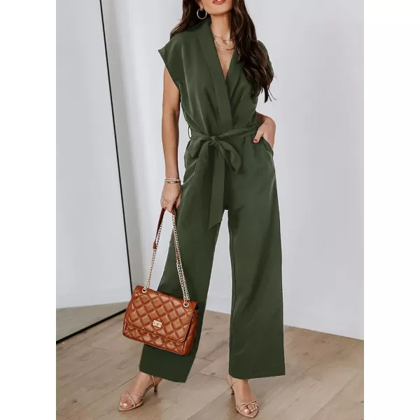 Happy Sailed Jumpsuits for Women Sexy Wrap V Neck Short Sleeve Belted Wide Leg One Piece Romper Long Pants Summer Outfits