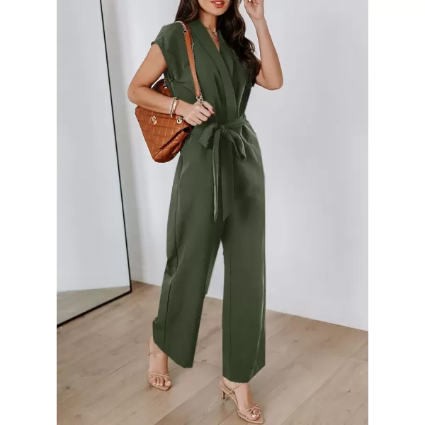 Happy Sailed Jumpsuits for Women Sexy Wrap V Neck Short Sleeve Belted Wide Leg One Piece Romper Long Pants Summer Outfits
