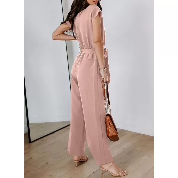Happy Sailed Jumpsuits for Women Sexy Wrap V Neck Short Sleeve Belted Wide Leg One Piece Romper Long Pants Summer Outfits