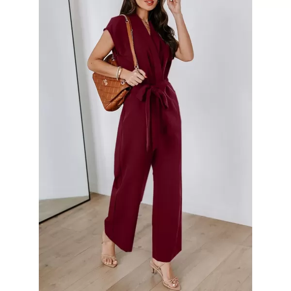Happy Sailed Jumpsuits for Women Sexy Wrap V Neck Short Sleeve Belted Wide Leg One Piece Romper Long Pants Summer Outfits