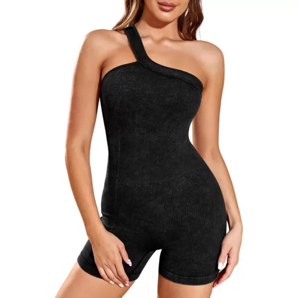 Happy Sailed Unitard for Women One Shoulder Workout Shorts Jumpsuit Cut Out Ribbed Tummy Control One Piece Romper