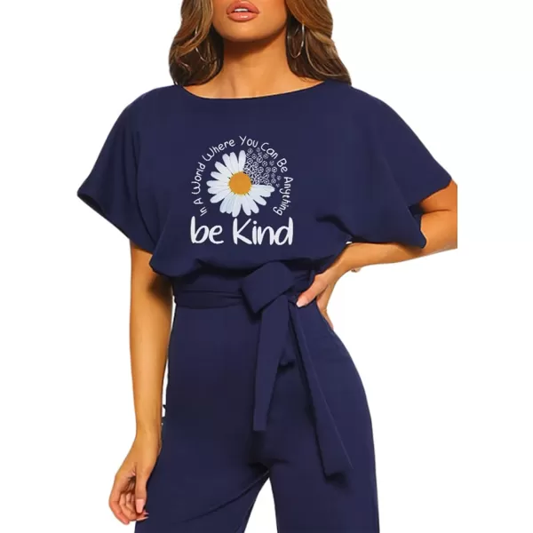 Happy Sailed Women Casual Loose Short Sleeve Belted Wide Leg Pant Romper Jumpsuits