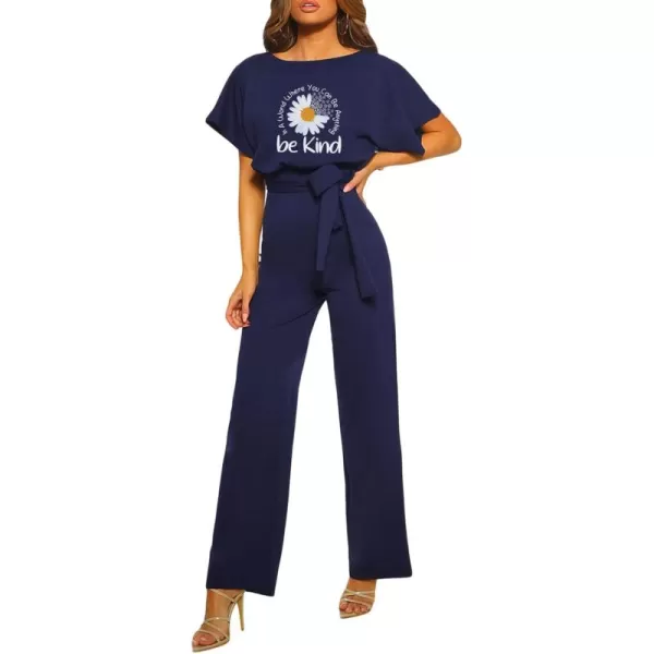 Happy Sailed Women Casual Loose Short Sleeve Belted Wide Leg Pant Romper Jumpsuits