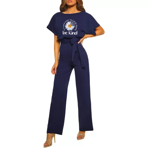 Happy Sailed Women Casual Loose Short Sleeve Belted Wide Leg Pant Romper Jumpsuits