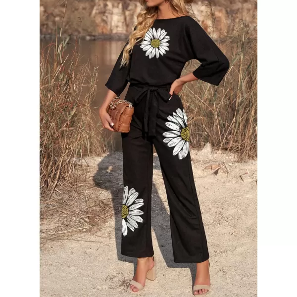 Happy Sailed Women Casual Loose Short Sleeve Belted Wide Leg Pant Romper Jumpsuits