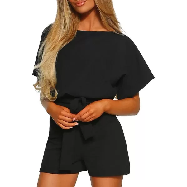 Happy Sailed Women Casual Loose Short Sleeve Belted Wide Leg Short Pants Romper Jumpsuits