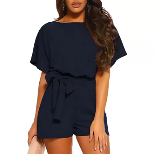 Happy Sailed Women Casual Loose Short Sleeve Belted Wide Leg Short Pants Romper Jumpsuits