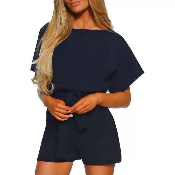 Happy Sailed Women Casual Loose Short Sleeve Belted Wide Leg Short Pants Romper Jumpsuits