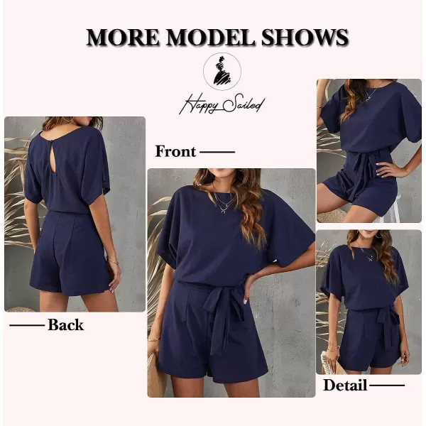 Happy Sailed Women Casual Loose Short Sleeve Belted Wide Leg Short Pants Romper Jumpsuits