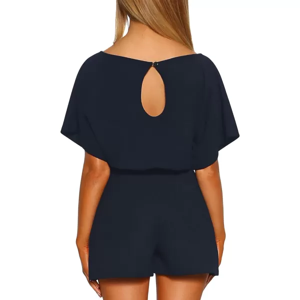 Happy Sailed Women Casual Loose Short Sleeve Belted Wide Leg Short Pants Romper Jumpsuits