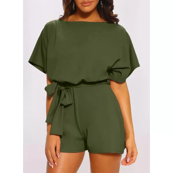 Happy Sailed Women Casual Loose Short Sleeve Belted Wide Leg Short Pants Romper Jumpsuits