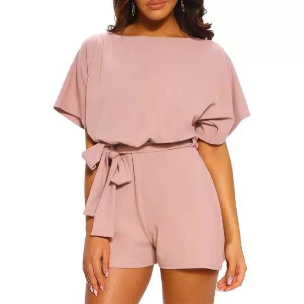 Happy Sailed Women Casual Loose Short Sleeve Belted Wide Leg Short Pants Romper Jumpsuits
