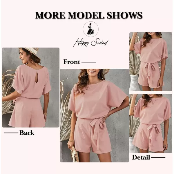 Happy Sailed Women Casual Loose Short Sleeve Belted Wide Leg Short Pants Romper Jumpsuits