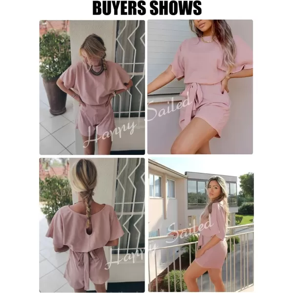 Happy Sailed Women Casual Loose Short Sleeve Belted Wide Leg Short Pants Romper Jumpsuits
