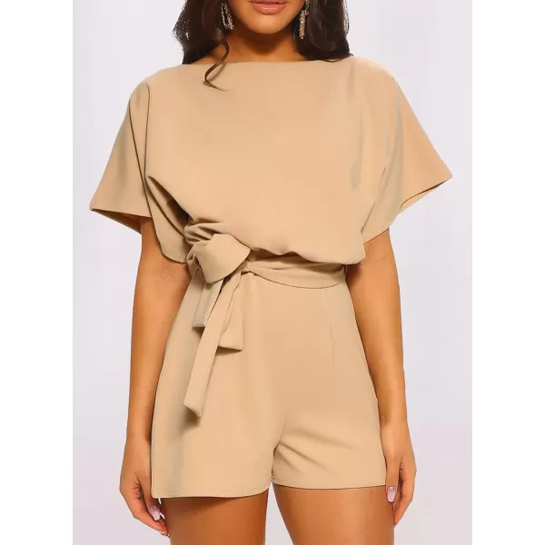 Happy Sailed Women Casual Loose Short Sleeve Belted Wide Leg Short Pants Romper Jumpsuits