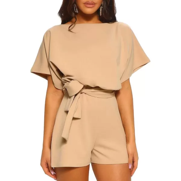 Happy Sailed Women Casual Loose Short Sleeve Belted Wide Leg Short Pants Romper Jumpsuits