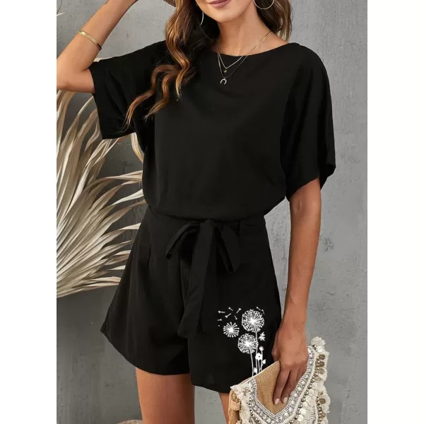 Happy Sailed Women Casual Loose Short Sleeve Belted Wide Leg Short Pants Romper Jumpsuits