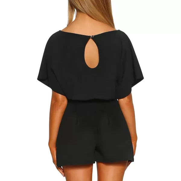 Happy Sailed Women Casual Loose Short Sleeve Belted Wide Leg Short Pants Romper Jumpsuits
