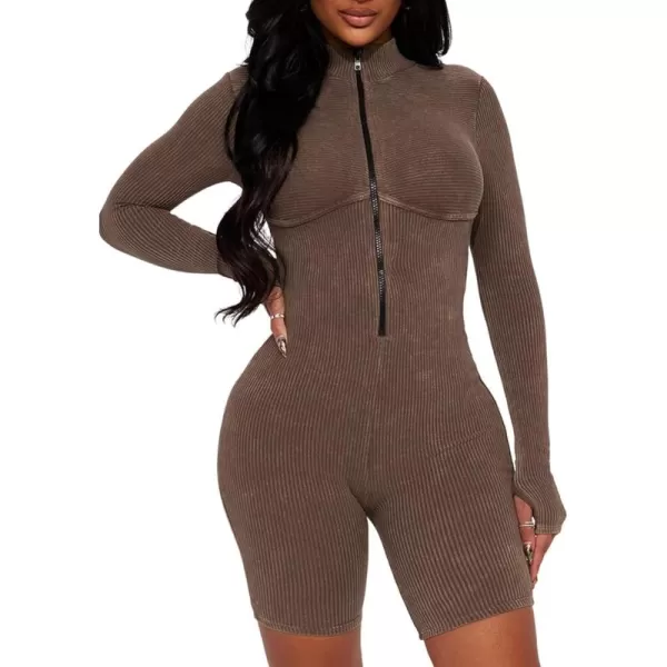 Happy Sailed Women Front Zipper Jumpsuits One Piece Ribbed Bodycon Short Jumpsuit Romper Long Sleeve Tracksuits Sport Outfits